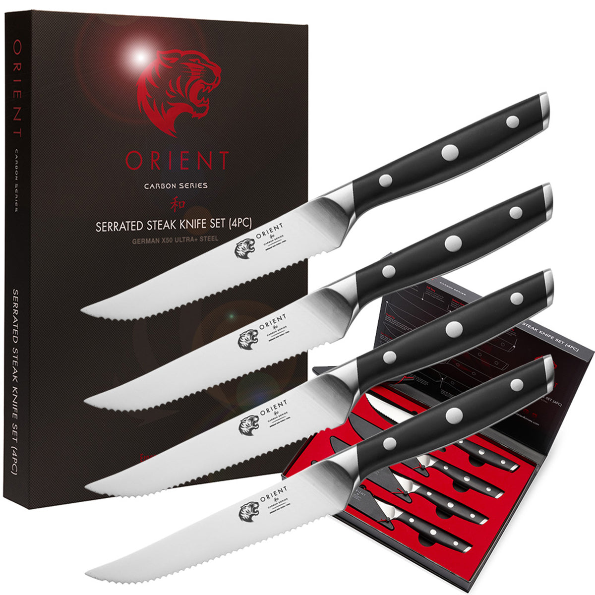 dearithe Steak Knives Set of 4,Black Full-Tang And Triple Rivet  Non-Serrated Stainless Steel Sharp Blade Flatware Steak Knife Set, 5.0  Inches, For